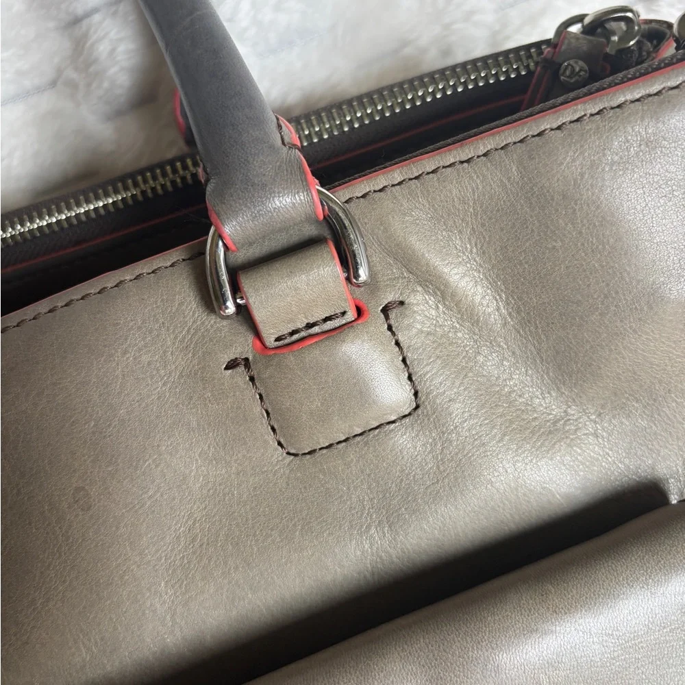 DVF Diane von Furstenberg Gray Taupe Leather Large Tote Red Trim Silver Hardware